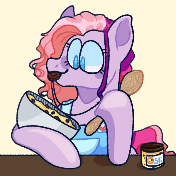 Size: 1080x1080 | Tagged: safe, artist:spaceoreosxoxo, derpibooru import, chocolate chipper, earth pony, pony, g3, baking, cookie dough, cooking, image, neurodivergent, png, solo, stimming, wooden spoon