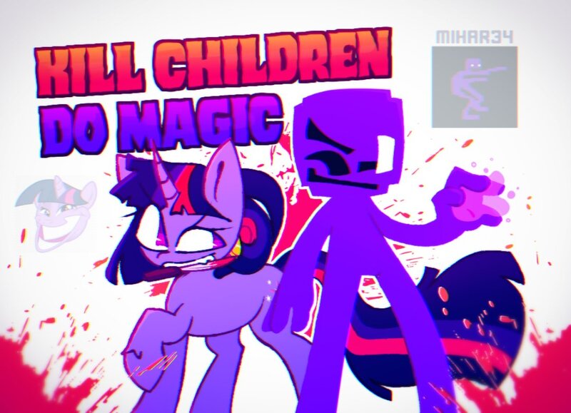 Size: 1080x782 | Tagged: safe, artist:mihar34, derpibooru import, twilight sparkle, pony, unicorn, blood, crossover, five nights at freddy's, image, jpeg, knife, mouth hold, purple guy, solo, text, unicorn twilight