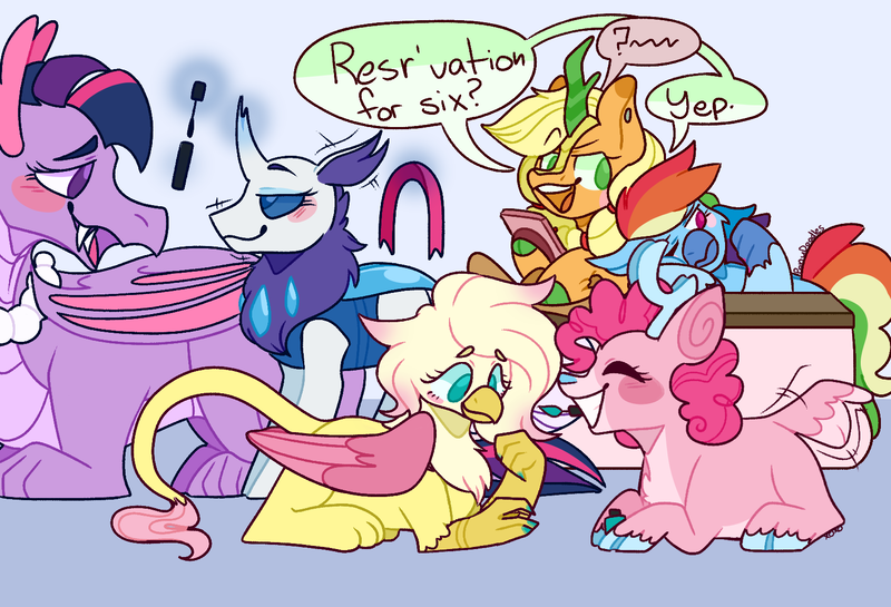 Size: 1584x1080 | Tagged: safe, artist:spaceoreosxoxo, derpibooru import, applejack, fluttershy, pinkie pie, rainbow dash, rarity, twilight sparkle, changedling, changeling, deer, dragon, gryphon, hippogriff, kirin, reindeer, blushing, dragonified, female, image, lesbian, makeup, mane six, omniship, png, polyamory, shipping, species swap, twilidragon