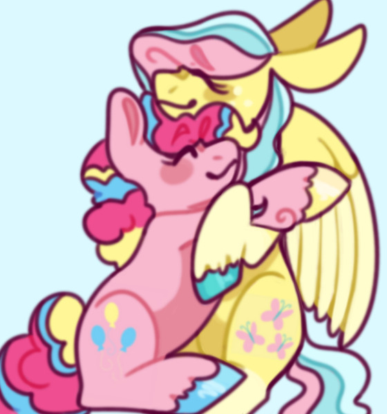 Size: 1008x1080 | Tagged: safe, artist:spaceoreosxoxo, derpibooru import, fluttershy, pinkie pie, earth pony, pegasus, pony, blue background, blushing, cute, diapinkes, duo, duo female, eyes closed, female, floppy ears, flutterpie, happy, hug, image, jpeg, lesbian, lgbt, lgbtq, light blue background, mare, pansexual, pansexual pride flag, partially open wings, pride, pride flag, shipping, shyabetes, simple background, sitting, smiling, transgender, transgender pride flag, unshorn fetlocks, wings