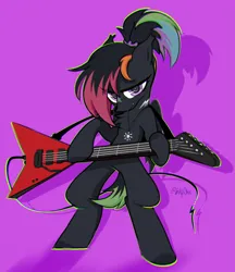Size: 1765x2040 | Tagged: safe, artist:inkp0ne, derpibooru import, oc, oc:nacht, unofficial characters only, bat pony, fanfic:iron hearts, amulet, bat pony oc, bat wings, female, guitar, image, jewelry, mane dye, musical instrument, png, solo, solo female, wings