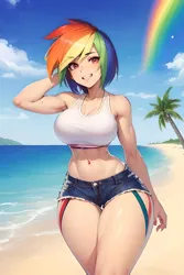 Size: 1024x1536 | Tagged: suggestive, derpibooru import, editor:sammykun, machine learning generated, stable diffusion, rainbow dash, human, ai content, beach, belly button, big breasts, breasts, clothes, cloud, denim, denim shorts, female, humanized, image, looking at you, midriff, milf, ocean, outdoors, png, prompter:sammykun, rainbow, sexy, shorts, sky, smiling, smiling at you, solo, thighs, thunder thighs, water, wide hips