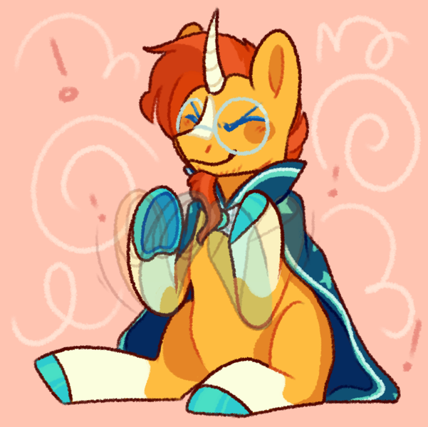 Size: 907x905 | Tagged: safe, artist:spaceoreosxoxo, derpibooru import, sunburst, pony, unicorn, abstract background, colored hooves, cute, emanata, exclamation point, eyes closed, happy, image, male, png, sitting, smiling, solo, stallion, stimming, sunbetes