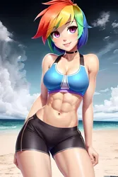 Size: 1024x1536 | Tagged: suggestive, derpibooru import, editor:sammykun, machine learning generated, stable diffusion, rainbow dash, human, abs, ai content, beach, belly button, big breasts, breasts, clothes, cloud, denim, denim shorts, female, humanized, image, looking at you, midriff, milf, muscles, muscular female, ocean, outdoors, png, prompter:sammykun, rainbow, sexy, shorts, sky, smiling, smiling at you, solo, thighs, water, wide hips