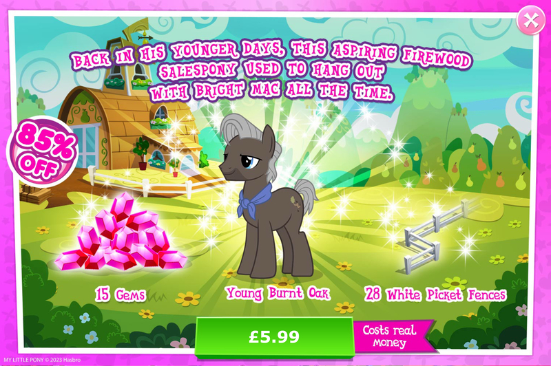 Size: 1960x1304 | Tagged: safe, derpibooru import, official, burnt oak, earth pony, pony, advertisement, costs real money, english, facial hair, fence, gameloft, gem, image, jpeg, male, mobile game, my little pony: magic princess, numbers, sale, solo, solo focus, stallion, text, young burnt oak