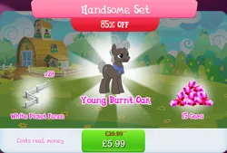 Size: 1268x859 | Tagged: safe, derpibooru import, official, burnt oak, earth pony, pony, bundle, costs real money, english, facial hair, fence, gameloft, gem, image, jpeg, male, mobile game, my little pony: magic princess, numbers, sale, solo, solo focus, stallion, text, young burnt oak