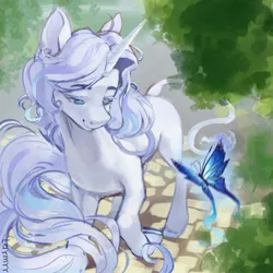 Size: 2000x2000 | Tagged: safe, artist:laymy, derpibooru import, oc, oc:prince aluré, unofficial characters only, butterfly, insect, pony, unicorn, high res, image, jpeg, leonine tail, lidded eyes, looking at something, male, outdoors, signature, solo, stallion, tail