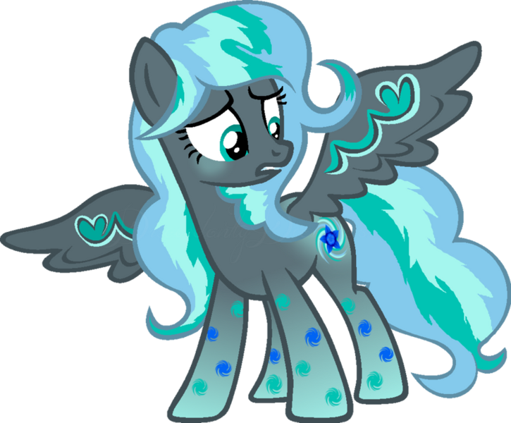 Size: 827x684 | Tagged: safe, artist:sugarmoonponyartist, derpibooru import, oc, oc:floral rift, pegasus, pony, blushing, colored wings, female, gradient hooves, green eyes, heart, image, looking down, mare, multicolored wings, pegasus oc, png, rainbow power, rainbow power-ified, simple background, stars, striped mane, striped tail, tail, transparent background, unsure, wings