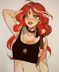 Size: 1170x1425 | Tagged: safe, artist:chloe dawn, derpibooru import, sunset shimmer, human, arm behind head, belly button, breasts, busty sunset shimmer, choker, cleavage, clothes, cutie mark, cutie mark on clothes, female, headphones, humanized, image, jpeg, midriff, simple background, solo, sports bra, tanktop