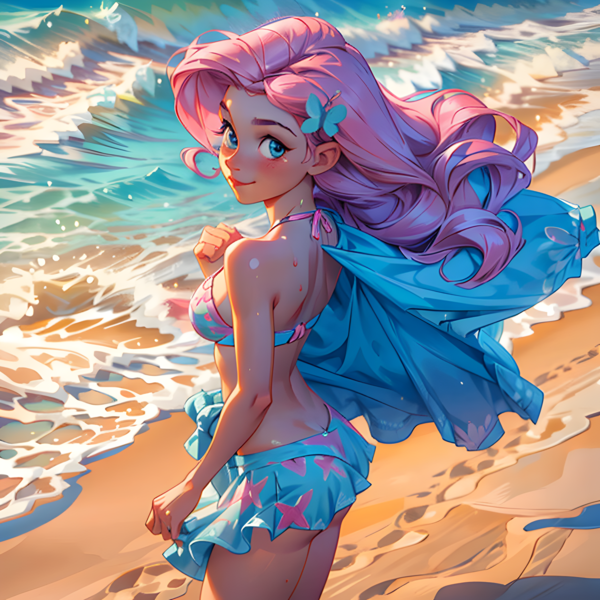 Size: 3072x3072 | Tagged: safe, derpibooru import, machine learning generated, fluttershy, human, ai content, beach, bikini, clothes, female, hairpin, humanized, image, looking at you, looking back, looking back at you, ocean, png, prompter:akaitsuki154, sand, shirt, smiling, solo, swimsuit, water, windswept hair