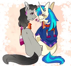 Size: 438x404 | Tagged: safe, artist:spaceoreosxoxo, artist:transgirlvelma, derpibooru import, octavia melody, vinyl scratch, earth pony, pony, unicorn, butch, chin fluff, clothes, collaboration, duo, ear piercing, female, femme, image, jacket, lesbian, lesbian pride flag, music notes, piercing, png, pride, pride flag, scarf, scratchtavia, shipping