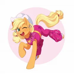 Size: 2048x2048 | Tagged: safe, artist:applesartt, derpibooru import, applejack, earth pony, pony, bandana, barbie, barbie (film), blushing, clothes, cosplay, costume, cowboy hat, crossover, cute, ear piercing, earring, female, freckles, hat, image, jackabetes, jewelry, jpeg, mare, one eye closed, open mouth, open smile, pants, piercing, smiling, solo, vest, wink