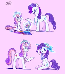 Size: 4390x4961 | Tagged: safe, artist:jowybean, derpibooru import, rarity, sweetie belle, pony, unicorn, absurd resolution, age progression, female, filly, foal, hat, image, magic, mare, older, older rarity, older sweetie belle, open mouth, open smile, pink background, png, siblings, simple background, sisters, smiling, telekinesis