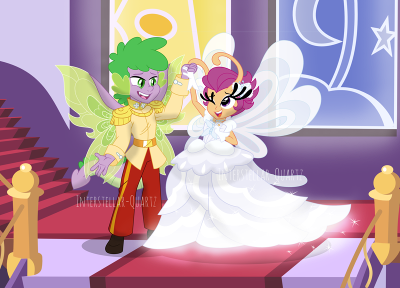 Size: 6191x4456 | Tagged: safe, artist:interstellar-quartz, derpibooru import, scootaloo, spike, breezie, human, equestria girls, breeziefied, clothes, dress, female, humanized, image, male, png, scootaspike, shipping, species swap, straight, tail, tailed humanization, winged humanization, wings