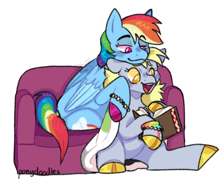 Size: 1080x893 | Tagged: safe, artist:spaceoreosxoxo, derpibooru import, derpy hooves, rainbow dash, pegasus, pony, aromantic, autism spectrum disorder, book, bracelet, colored hooves, couch, duo, image, jewelry, neurodivergent, png, queerplatonic, queerplatonic pride flag, simple background, transparent background