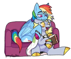 Size: 1080x893 | Tagged: safe, artist:spaceoreosxoxo, derpibooru import, derpy hooves, rainbow dash, pegasus, pony, aromantic, autism spectrum disorder, book, bracelet, colored hooves, couch, duo, image, jewelry, neurodivergent, png, queerplatonic, queerplatonic pride flag, simple background, transparent background
