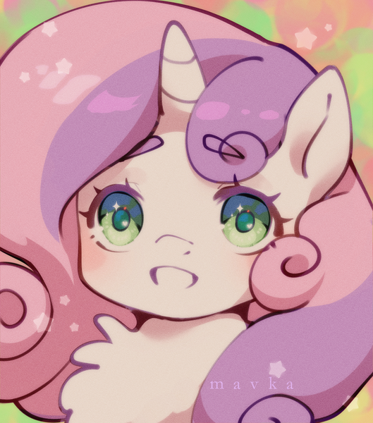 Size: 2000x2268 | Tagged: safe, artist:themavka, derpibooru import, sweetie belle, pony, unicorn, abstract background, bust, cute, diasweetes, female, filly, foal, image, png, portrait, signature, smiling, solo