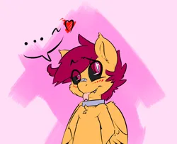Size: 1280x1040 | Tagged: safe, artist:ask-lesboloo, derpibooru import, scootaloo, pegasus, pony, ..., abstract background, ask, bandaid, bandaid on nose, black sclera, blushing, chest fluff, collar, eyebrows, eyebrows visible through hair, fangs, female, forked tongue, heart, hooves behind back, image, lesboloo, looking back, png, smiling, solo, tongue out, tumblr