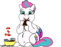 Size: 2600x2021 | Tagged: safe, artist:puffydearlysmith, derpibooru import, zipp storm, pegasus, pony, g5, belly, belly button, big belly, bowl, candy, chest fluff, chocolate, chubby cheeks, eating, fat, female, food, image, mare, png, simple background, that pony sure does love chocolate, transparent background, zipp slob
