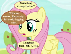 Size: 945x720 | Tagged: safe, derpibooru import, edit, edited screencap, screencap, fluttershy, fluttershy leans in, apple, apple tree, cropped, dialogue, food, image, implied button mash, offscreen character, png, pun, speech bubble, sweet apple acres, tree