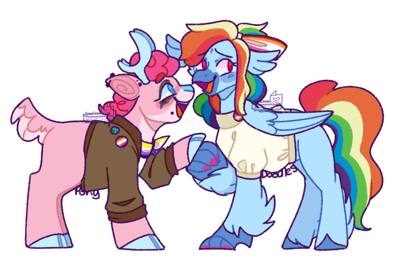 Size: 1080x745 | Tagged: safe, artist:spaceoreosxoxo, derpibooru import, pinkie pie, rainbow dash, deer, hippogriff, pony, reindeer, bow, ear piercing, female, femme, hair bow, image, lesbian, lesbian pride flag, nonbinary, nonbinary pride flag, piercing, pinkiedash, png, pride, pride flag, punk, shipping, simple background, transparent background