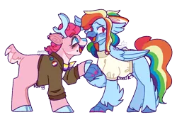 Size: 1080x745 | Tagged: safe, artist:spaceoreosxoxo, derpibooru import, pinkie pie, rainbow dash, deer, hippogriff, pony, reindeer, bow, ear piercing, female, femme, hair bow, image, lesbian, lesbian pride flag, nonbinary, nonbinary pride flag, piercing, pinkiedash, png, pride, pride flag, punk, shipping, simple background, transparent background
