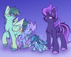Size: 4000x3200 | Tagged: safe, artist:shad0w-galaxy, derpibooru import, oc, oc:diamond sky, oc:hazy morning, oc:ruffled quill, oc:shadow galaxy, unofficial characters only, pegasus, pony, cheek fluff, chest fluff, couple, ear fluff, ethereal mane, family, family photo, female, fluffy, flying, foal, freckles, glasses, high res, hooves, image, male, mare, oc x oc, parents:oc x oc, png, shipping, simple background, stallion, starry mane, starry tail, tail, unshorn fetlocks
