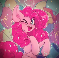 Size: 1943x1896 | Tagged: safe, artist:buckysmith, derpibooru import, pinkie pie, earth pony, pony, blue eyes, blushing, cheerful, confetti, curly hair, curly mane, cute, digital art, eyelashes, female, g4, happy, image, jpeg, looking at you, mare, one eye closed, open mouth, open smile, party, party cannon, pink background, pink mane, pink tail, signature, simple background, smiling, smiling at you, solo, tail, teeth, wink, winking at you