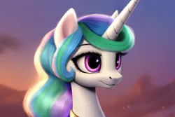 Size: 1920x1280 | Tagged: safe, derpibooru import, editor:dovakkins, machine learning generated, princess celestia, alicorn, pony, ai content, beautiful, bust, cloud, cloudy, derpibooru exclusive, ear fluff, female, generator:pony diffusion v5, horn, image, jewelry, long mane, mare, missing accessory, peytral, png, sky, smiling, solo, sunset, wavy mane