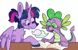 Size: 1200x761 | Tagged: safe, artist:spaceoreosxoxo, derpibooru import, spike, twilight sparkle, twilight sparkle (alicorn), alicorn, dragon, pony, book, duo, dyslexia, image, open book, png, reading, simple background, speech bubble, white background