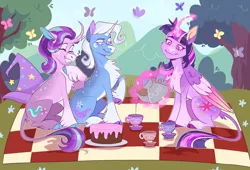 Size: 1680x1143 | Tagged: safe, artist:wanderingpegasus, derpibooru import, starlight glimmer, trixie, twilight sparkle, twilight sparkle (alicorn), alicorn, pony, unicorn, cake, chest fluff, clothes, cup, curved horn, food, hat, horn, image, jpeg, magic, picnic, picnic blanket, redraw, sitting, smiling, tea, teacup, teapot, telekinesis, trip, trixie's hat, unshorn fetlocks