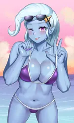 Size: 800x1333 | Tagged: suggestive, artist:tzc, derpibooru import, trixie, human, equestria girls, ;p, beach, bedroom eyes, belly button, bikini, bikini bottom, bikini top, blushing, breasts, busty trixie, clothes, cloud, female, image, jpeg, looking at you, ocean, one eye closed, ribcage, solo, solo female, sternocleidomastoid, stupid sexy trixie, sunglasses, swimsuit, tan lines, tongue out, water, wink, winking at you