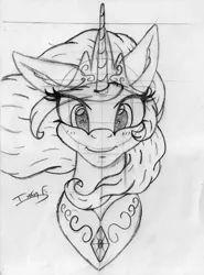 Size: 3290x4445 | Tagged: safe, artist:memprices, derpibooru import, princess celestia, alicorn, pony, unicorn, bust, crown, ear fluff, eye clipping through hair, grayscale, high res, image, jewelry, looking at you, monochrome, necklace, pencil drawing, png, regalia, simple background, sketch, solo, traditional art, white background
