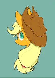 Size: 1599x2260 | Tagged: safe, artist:noupu, derpibooru import, applejack, earth pony, pony, applejack's hat, bust, colored pupils, cowboy hat, female, green background, hair tie, hat, image, jpeg, looking at you, looking back, looking back at you, mare, simple background, solo