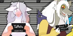 Size: 1320x660 | Tagged: safe, artist:shortbred, derpibooru import, discord, oc, oc:taffeta, g5, spoiler:g5comic, barbie (film), barbie mugshot meme, crying, distaff, equestria, fangs, female, image, male, meme, monsters inc., mugshot, name, old man discord, png, reference to another series, signature, story included, straight, theory in description