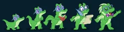Size: 1600x423 | Tagged: safe, artist:magerblutooth, derpibooru import, gummy, alligator, dragon, all fours, baby, baby dragon, book, bowtie, dragonified, glasses, image, jpeg, paper, quill, species swap, story included, transformation, transformation sequence