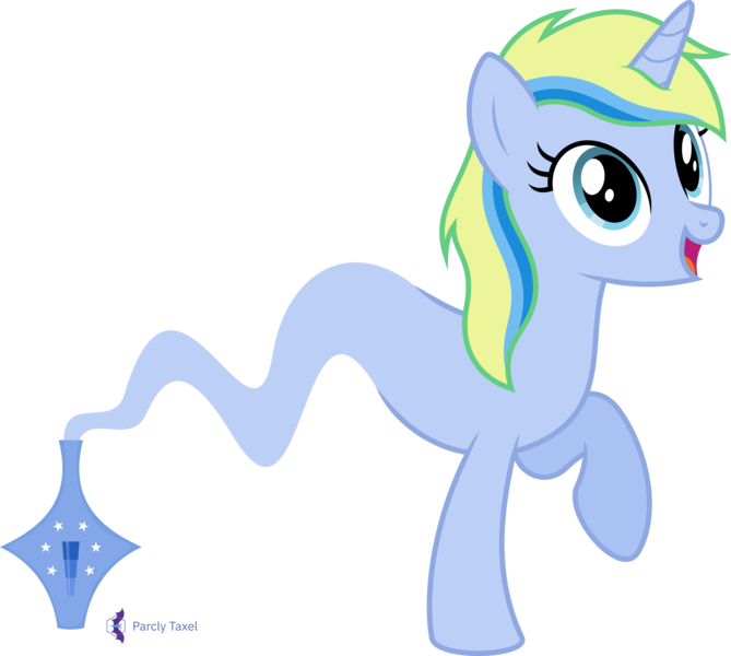 Size: 4462x4000 | Tagged: safe, artist:parclytaxel, derpibooru import, oc, oc:azure light, unofficial characters only, genie, genie pony, pony, unicorn, .svg available, absurd resolution, bottle, commission, female, horn, image, mare, open mouth, open smile, png, raised hoof, simple background, smiling, solo, transparent background, unicorn oc, vector