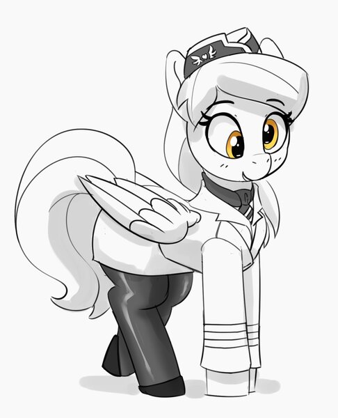 Size: 1300x1605 | Tagged: safe, artist:pabbley, derpibooru import, derpy hooves, pegasus, pony, alternate hairstyle, black and white, cape, clothes, cute, derpabetes, eyebrows, eyebrows visible through hair, female, flight attendant, grayscale, hat, image, jpeg, mare, monochrome, necktie, open mouth, open smile, pantyhose, partial color, simple background, smiling, solo, uniform, white background