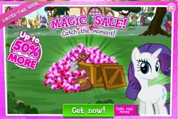 Size: 1039x693 | Tagged: safe, derpibooru import, rarity, pony, unicorn, advertisement, costs real money, crate, female, gameloft, gem, image, jpeg, looking at you, mare, sale, shovel, smiling, smiling at you, solo, treasure chest