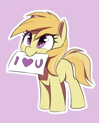 Size: 1000x1250 | Tagged: safe, artist:thebatfang, derpibooru import, noi, earth pony, pony, female, filly, foal, image, mouth hold, paper, png, purple background, simple background, smiling, solo