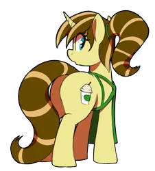 Size: 793x876 | Tagged: safe, artist:thebatfang, derpibooru import, oc, oc:java chip, unofficial characters only, pony, unicorn, apron, clothes, female, image, looking at you, looking back, looking back at you, looking over shoulder, mare, png, simple background, solo, transparent background
