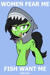 Size: 700x1050 | Tagged: safe, artist:thebatfang, derpibooru import, oc, oc:anonfilly, earth pony, pony, animal costume, clothes, costume, female, filly, image, looking at you, meme, open mouth, png, shark costume, simple background