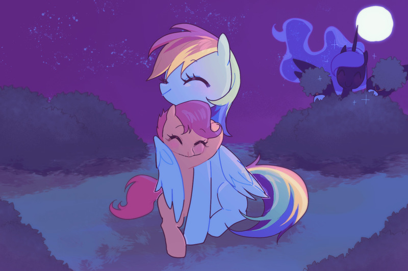 Size: 1280x853 | Tagged: safe, artist:kkmrarar, derpibooru import, princess luna, rainbow dash, scootaloo, alicorn, pegasus, pony, eyes closed, hug, image, jpeg, sitting, smiling, trio