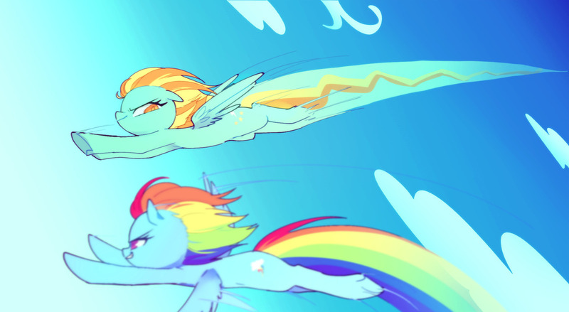 Size: 1280x702 | Tagged: safe, artist:kkmrarar, derpibooru import, lightning dust, rainbow dash, pegasus, pony, duo, flying, image, jpeg, smiling, smirk, spread wings, wings