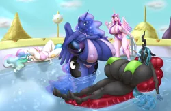 Size: 2500x1628 | Tagged: suggestive, artist:blues64, artist:marauder6272, derpibooru import, princess cadance, princess celestia, princess luna, queen chrysalis, alicorn, anthro, changeling, changeling queen, unguligrade anthro, absolute cleavage, beach ball, belly button, big breasts, big nipples, bikini, breasts, busty princess cadance, busty princess celestia, busty princess luna, busty queen chrysalis, canterlot, cleavage, clothes, erect nipples, eyebrows, eyebrows visible through hair, female, females only, floating, food, huge breasts, hyper, hyper breasts, image, impossibly large breasts, legs in the water, legs together, lying down, mouth hold, nipple outline, nipples, on back, one eye closed, one-piece swimsuit, open mouth, open smile, partially submerged, png, popsicle, smiling, swimming pool, swimsuit, wide hips