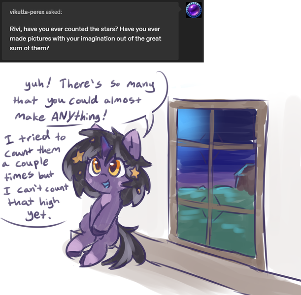 Size: 1557x1530 | Tagged: safe, artist:rivibaes, derpibooru import, oc, oc:rivibaes, unofficial characters only, pony, unicorn, ask, dialogue, female, filly, foal, image, png, solo, tumblr, window