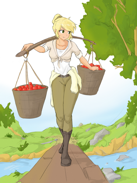 Size: 1439x1919 | Tagged: safe, artist:cirtierest, derpibooru import, applejack, human, clothes, humanized, image, png, river, scenery, solo, stream, tree, water