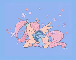 Size: 2048x1620 | Tagged: safe, artist:petaltwinkle, derpibooru import, fluttershy, butterfly, insect, pegasus, pony, unicorn, g5, blue background, butterfly on nose, cuddling, cute, eyes closed, female, filly, filly misty brightdawn, floppy ears, foal, image, insect on nose, jpeg, lying down, mare, misty brightdawn, older, older fluttershy, prone, signature, simple background, sitting, smiling, sparkles, spread wings, wings, younger