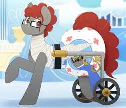 Size: 2700x2316 | Tagged: safe, artist:shuphle, derpibooru import, oc, unofficial characters only, pegasus, pony, amber eyes, bandage, cast, clothes, cloudsdale, diaper, diaper fetish, fetish, glasses, image, jpeg, poofy diaper, solo, wheelchair, wings