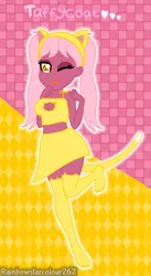 Size: 1643x2993 | Tagged: safe, artist:rainbowstarcolour262, derpibooru import, part of a set, oc, oc:taffycoat, unofficial characters only, human, series:equ shadowcats, equestria girls, abstract background, bare shoulders, belly button, boob window, breasts, cat ears, cat tail, clothes, crystal prep shadowbolts, eyeshadow, female, image, makeup, one eye closed, part of a series, pigtails, png, signature, skirt, sleeveless, socks, solo, stockings, tail, thigh highs, tongue out, twintails, upskirt denied, wink, yellow eyes
